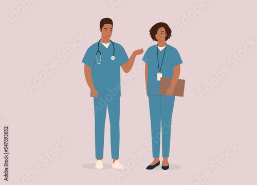 Smiling Black Male Doctor In Medical Scrubs And Stethoscope Talking With A Female Nurse. Full Length. Flat Design Style, Character, Cartoon.