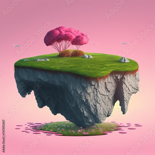 3d floating rock island  with sky and clouds isolated on surrel pink background. generative ai photo