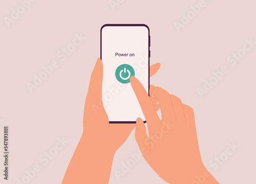 A Person’s Hand Turning On The Mobile Phone. Power On. Switch On. Close-Up. Flat Design, Character, Cartoon.