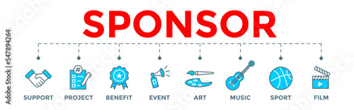 Sponsor icon banner web illustration with support, project, benefit, art, event, music, sport, and film icons