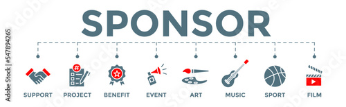 Sponsor icon banner web illustration with support, project, benefit, art, event, music, sport, and film icons