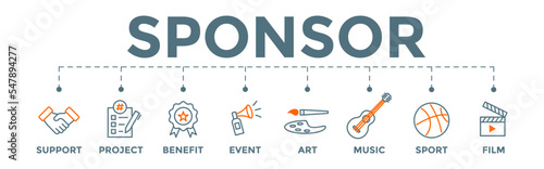 Sponsor icon banner web illustration with support, project, benefit, art, event, music, sport, and film icons