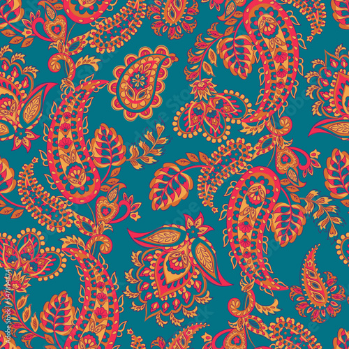 Floral fabric background with paisley ornament. Seamless vector pattern