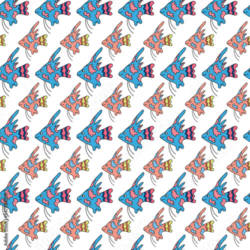 Angelfish pattern. Marine life seamless background. Cute colorful fish repeat vector illustration for kids. Sea and ocean pattern