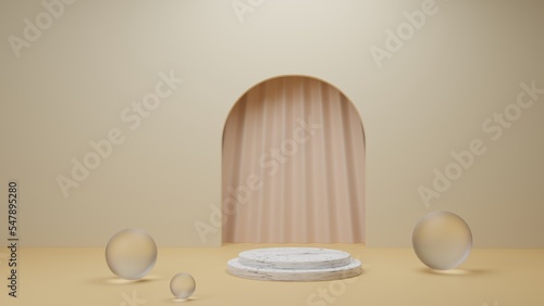 Fotografie Escenario, espacio de exhibición de producto tridimensional, render 3D de composición con podio y esferas de cristal