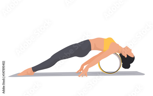 Young girl demonstrating upward plank pose. Flexible woman doing purvottanasana yoga pose with wheel. Yoga for beginners. Yoga wheel training pose. Vector illustration isolated on the white background
