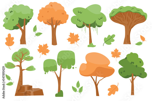 Summer and autumn trees isolated elements set in flat design. Vector illustration.