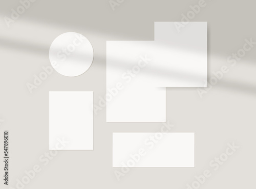 Mood board mockup template. Empty sheets of white paper on the wall with shadow overlay. Mockup vector isolated. Template design. Realistic vector illustration.