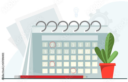 Set of items for planning work, calendar with marked dates of the day, schedule, appointment concept, business planning or management concept, flat vector illustration
