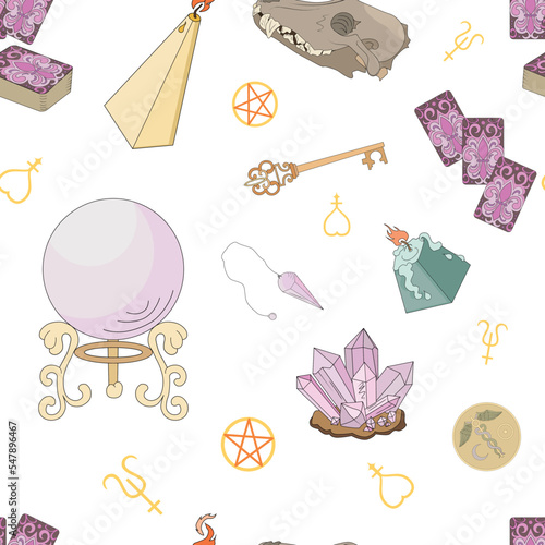 Vector seamless pattern with oracle symbols. Reading tarot cards, rituals with crystals, candles, wolf skull, caduceus, magic key. The concept of spiritual development and meditation.