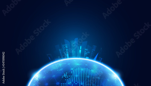abstract global dot network circle digital connection and smart city communication futuristic on blue background.