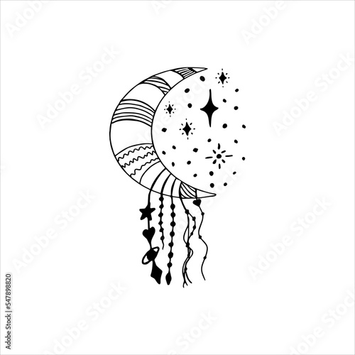 Hand drawn doodle boho moon crescent decorated with stars, stripes, waves, beads, sparkles and threads. Isolated on white background