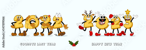 Happy New Year 2023 text design in retro cartoon style. Cute comic gloved hands numbers in cartoon 1930s style happily meet the new year and sadly see off the old year.