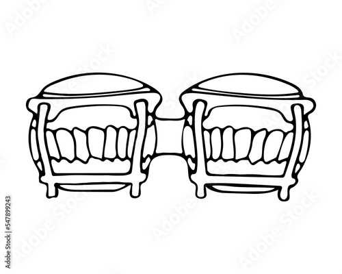 Hand drawn musical instrument, doodle bongo drums. Isolated on white background.