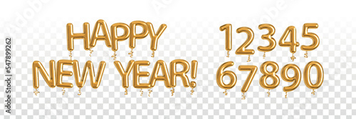 Vector realistic isolated golden balloon text of Happy New Year with numbers on the transparent background.