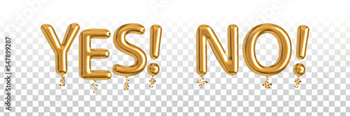 Vector realistic isolated golden balloon text of Yes and No on the transparent background.