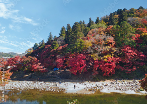 Colorful autumn leaves and river of Korankei. Korankei is a valley near Nagoya reputed to be one of the best spots for autumn leaves in Japan. photo