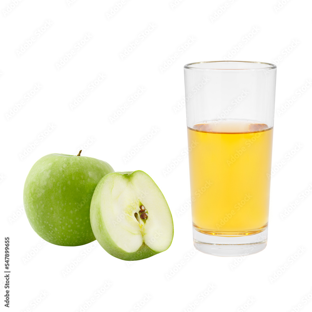 Glass of apple juice and green apple fruit isolated on a white background Glass of apple juice and green apple fruit isolated on a white background