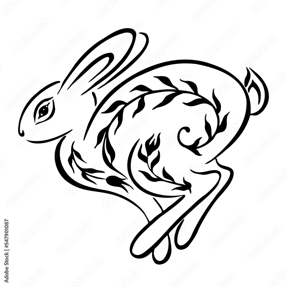 Decorative rabbit. Composition with a bunny, flowers ornament. Happy Easter greeting card of bunny, rabbit icon, on white background. Black and white hand drawn image. Linear drawing. 2023 symbol. Decorative rabbit. Composition with a bunny, flowers ornament. Happy Easter greeting card of bunny, rabbit icon, on white background. Black and white hand drawn image. Linear drawing. 2023 symbol.