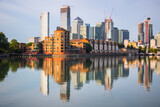 London cityscape Canary Wharf with reflection from Greenland Dock