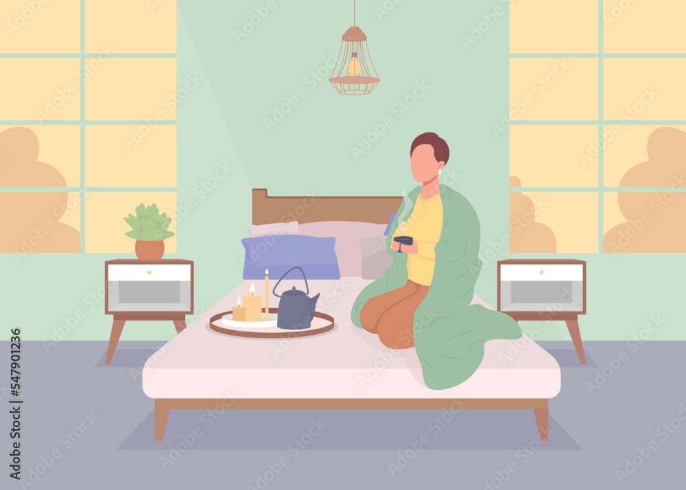 Fototapeta premium Man resting alone at home flat color vector illustration. Drinking tea and enjoying calmness. Time for yourself. Fully editable 2D simple cartoon character with bedroom interior on background