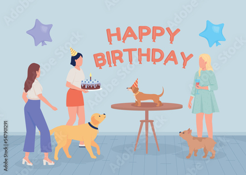 Dog birthday party flat color vector illustration. Holiday for loving pet. Animal anniversary. Fully editable 2D simple cartoon characters with blue wall in background. Fredoka One font used