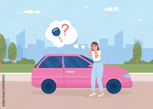 Woman with panic attack near car flat color vector illustration. Driver lost ignition key. Fully editable 2D simple cartoon character with city street on background. Balsamiq Sans Regular font used