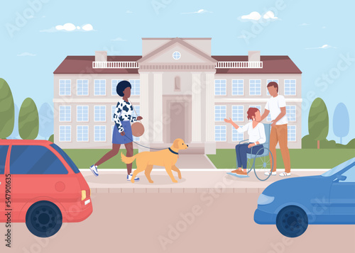 Citizens and traffic in city flat color vector illustration. Lady walking dog. Disabled woman with friend. Fully editable 2D simple cartoon characters with urban building on background