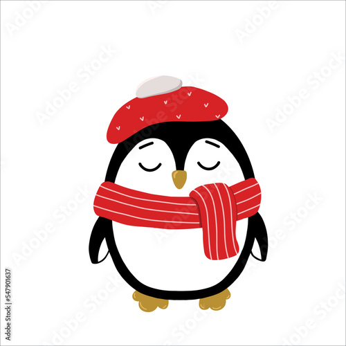 Cute penguin in  with a scarf and winter hat on his head. Winter illustration. Vector illustration.
