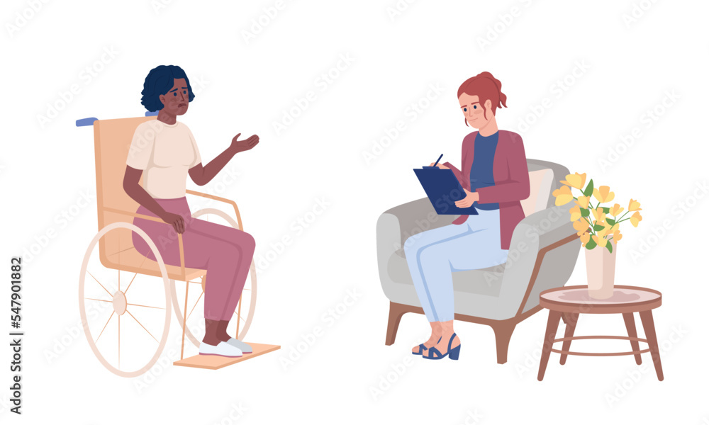 Disabled woman and psychologist semi flat color vector characters. Editable figures. Full body people on white. Therapy simple cartoon style illustrations for web graphic design and animation