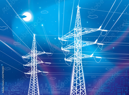 High voltage transmission systems. Electric pole. Neon glow. City scene. Power lines. A network of interconnected electrical. White otlines on blue background. Vector design illustration