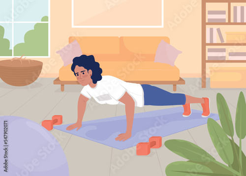 Woman doing push ups at home flat color vector illustration. Routine sports training. Healthy active lifestyle. Fully editable 2D simple cartoon character with living room on background