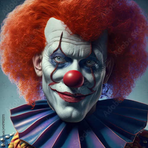 Clown, arlequin character with make up and red hair and nose, portrait, posing for camera.