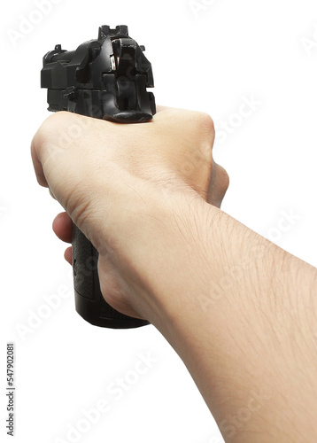 POV Hand holding pistol gun weapon isolated transparent photo