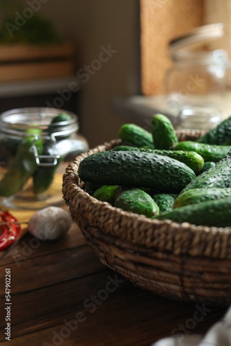Fresh cucumbers on wooden table, closeup. Pickling vegetables