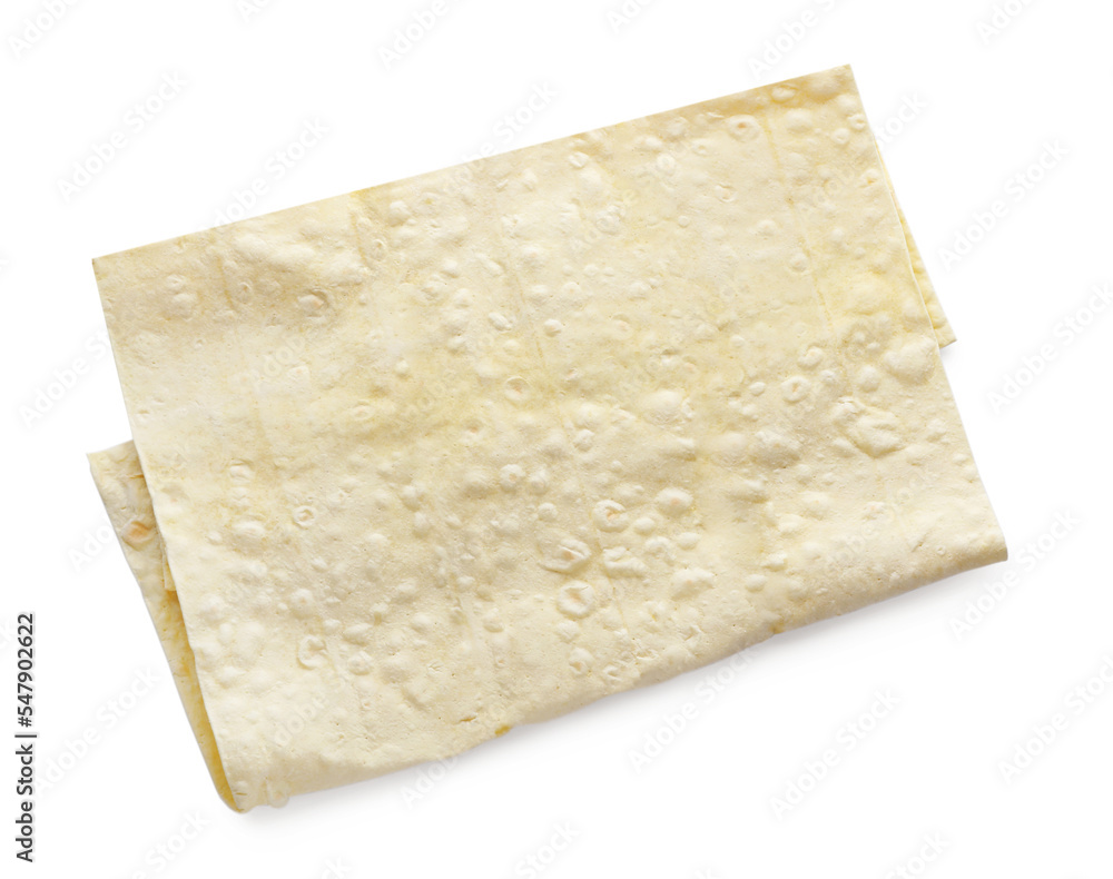 Delicious folded Armenian lavash on white background, top view