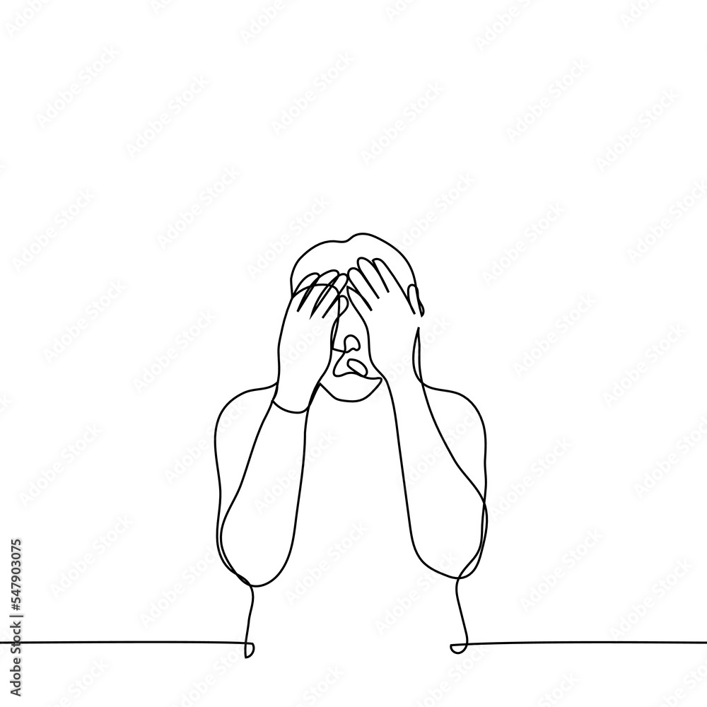 man closed his eyes and screams - one line drawing vector. concept to be horrified and close your eyes, sob in despair man closed his eyes and screams - one line drawing vector. concept to be horrified and close your eyes, sob in despair
