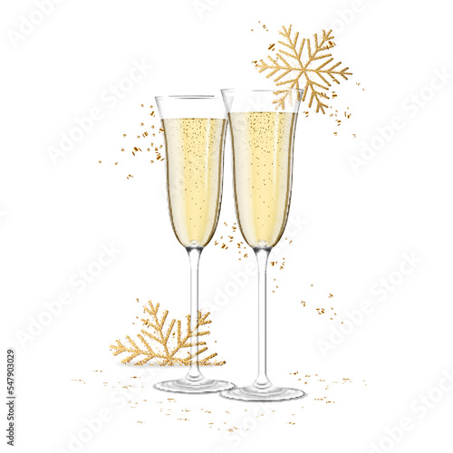 Transparent realistic two glasses of champagne with snowflakes and confetti, isolated on white background.
