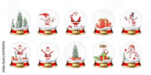 Set of transparent Snow Globes with Santa Claus, Snowman, snow, fir trees and gifts, isolated on white background.