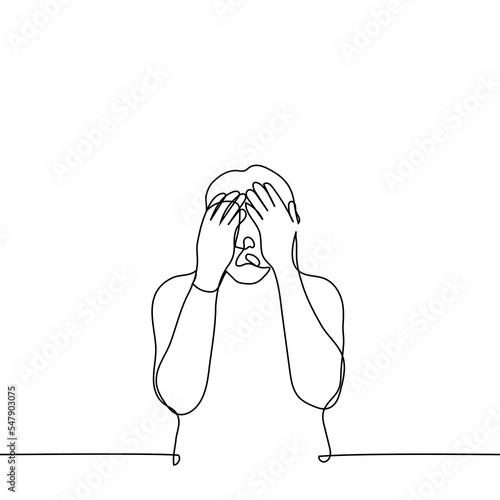 man closed his eyes and screams - one line drawing vector. concept to be horrified and close your eyes, sob in despair