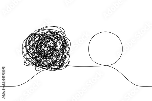 continuous one line drawing of a chaotic tangled complex knot and next to it a untwisted knot in the form of a single line circle. Concept of solving the problem, comparing the complex and the easy