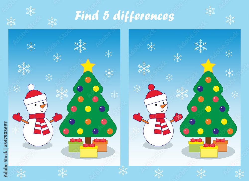 Educational game for kids. Find 5 differences. Christmas tree and snowman.