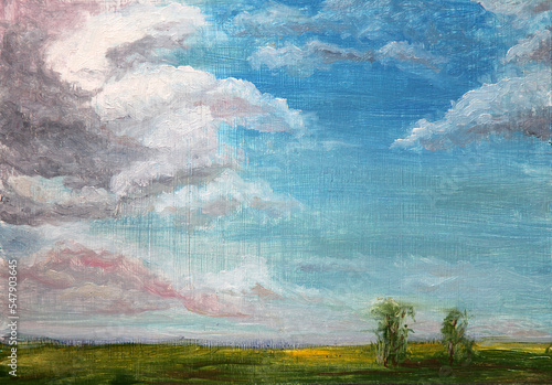 Sky landscape with meadow. Hand drawn oil painting on canvas textures. Raster © Olexandr Kulichenko