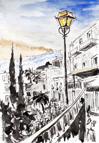 Evening landscape in Taormina with Mount Etna and a lit street lamp.. Hand drawn chinese ink on paper textures. Inkdrawn collection. Raster