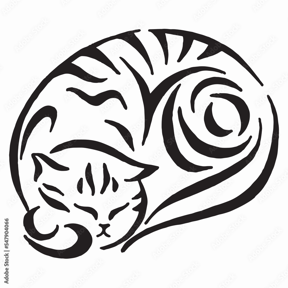 illustration of a sleeping stripes cat. Stylized cat linear drawing. Cat silhouette drawing by hand. Vector image. Tattoo design. illustration of a sleeping stripes cat. Stylized cat linear drawing. Cat silhouette drawing by hand. Vector image. Tattoo design.