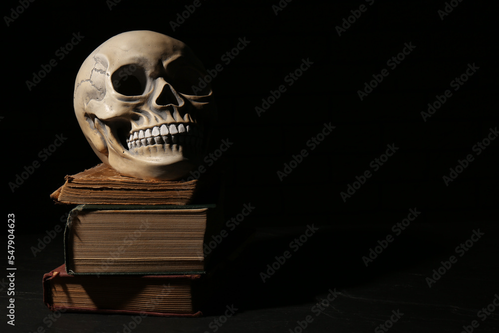 Human skull with books on black background, space for text Human skull with books on black background, space for text