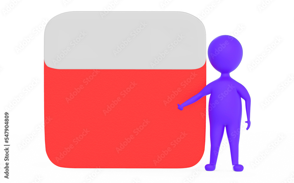 3d purple character pointing his hand towards a empty date - month frame 3d purple character pointing his hand towards a empty date - month frame