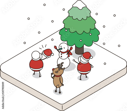 雪だるまを作って遊ぶサンタクロースとトナカイのアイソメイラスト