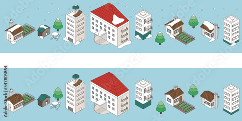 建物（雪の積もる家）のセットのアイソメイラスト