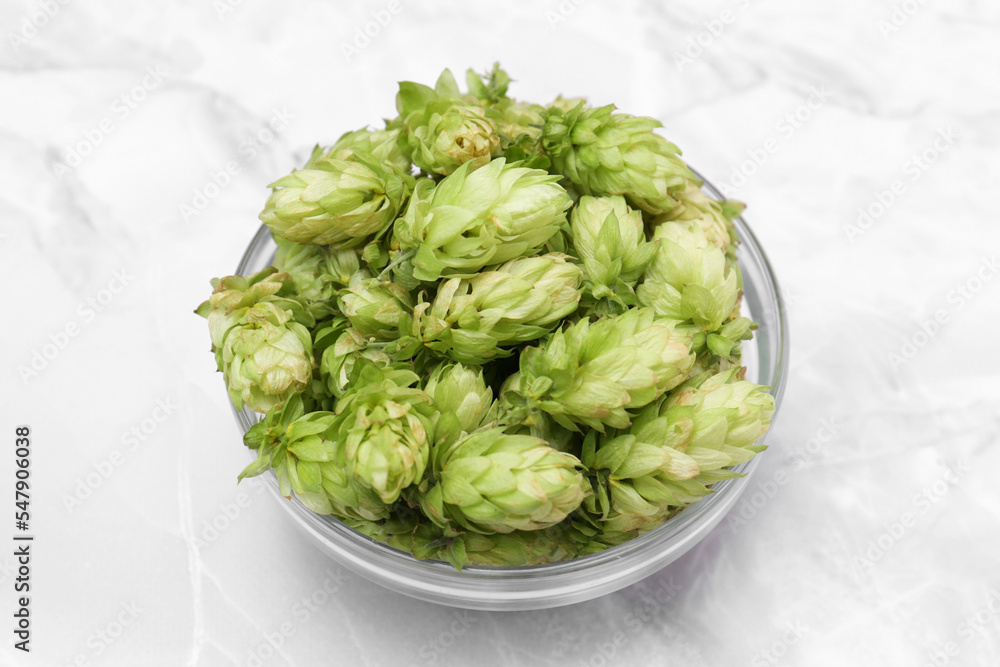 Bowl of fresh green hops on light grey marble table, closeup Bowl of fresh green hops on light grey marble table, closeup
